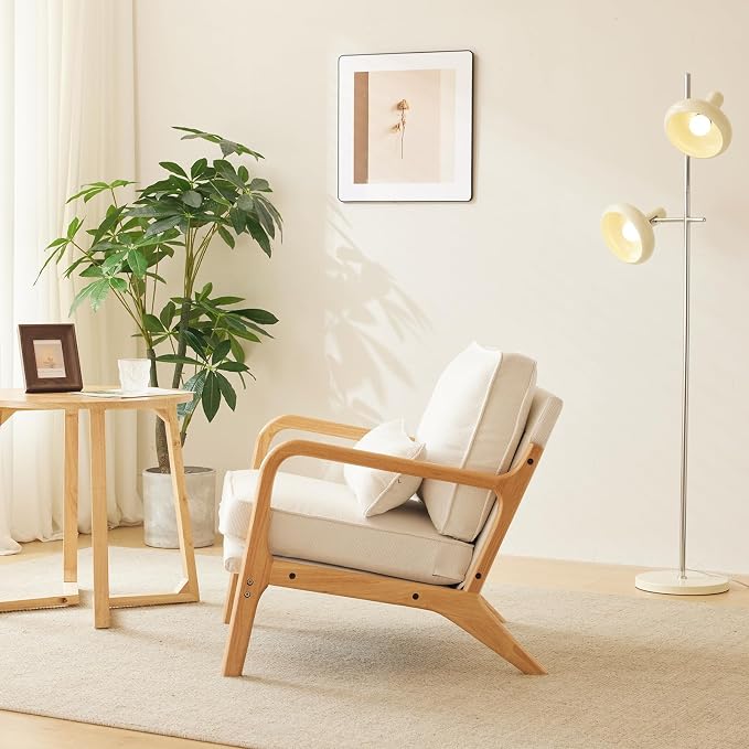 VINGLI Coarse Linen Beige Comfy Accent Chair, Mid Century Modern Lounge Armchair - Image 9