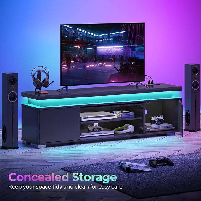 Rolanstar TV Stand with Power Outlet & LED Lights, Modern Entertainment Center - Image 4