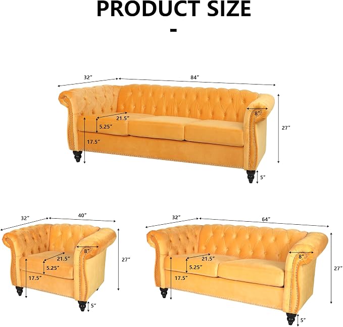 QHITTY 3 Piece Living Room Set, Sectional Chesterfield Sofa Chair Contemporary - Image 2