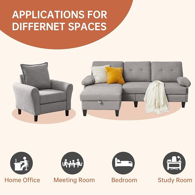 2PCS Sectional Sofa Set with Ottoman, Modern Linen 4 Seater Couch Set with Side - Image 5