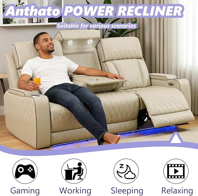 Power Recliner Sofa Couch with LED, Breathing Leather Reclining Couch, Living - Image 3