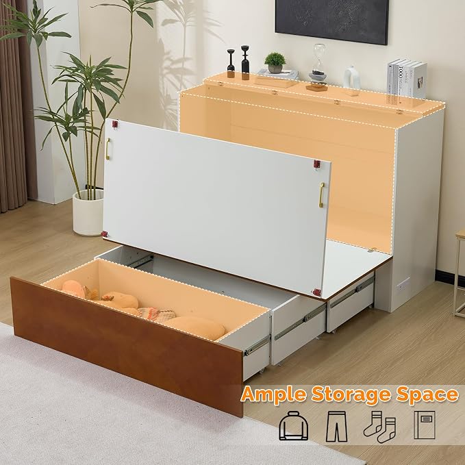 VINGLI Queen Murphy Bed with Storage Drawer, 2 Charging Station, Rustic & - Image 4
