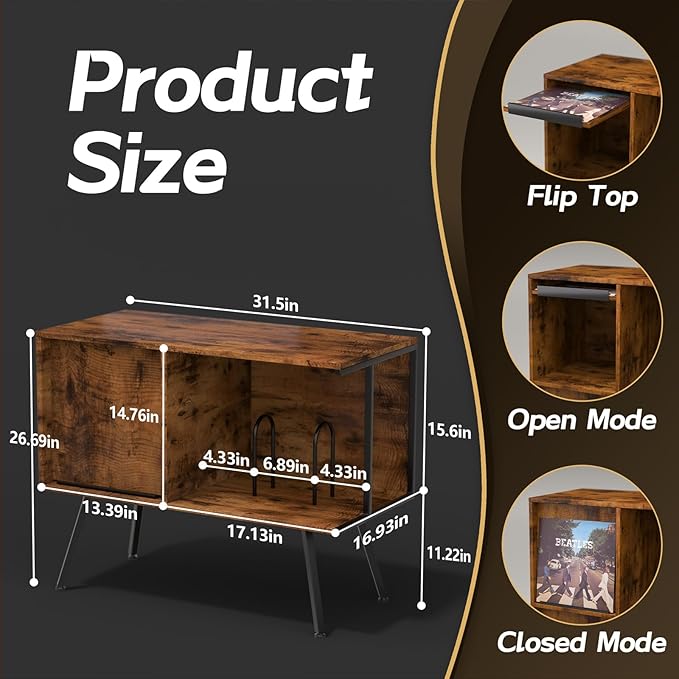 Faesun Flip Top Record Player Stand, Large Turntable Stand Holds up to 150+ - Image 3