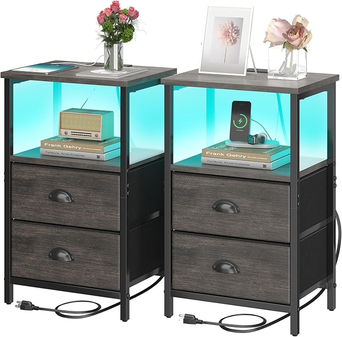 sthmec Nightstand with Charging Station, LED Night Stand Set of 2, Bedside by Unknown