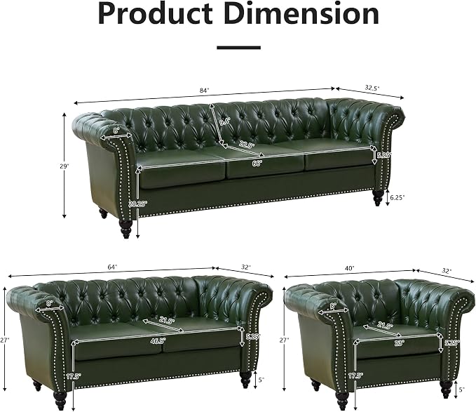 QHITTY 3 Piece Living Room Set, Sectional Chesterfield Sofa Chair Contemporary - Image 2