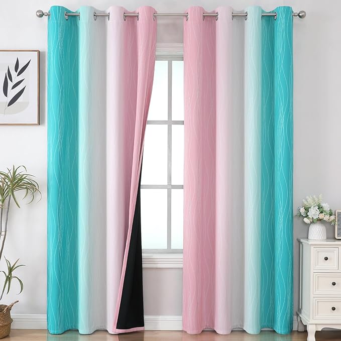 Estelar Textiler Pink and Teal Blackout Curtains 102 Inch Length 2 Panels Set by ESTELARTEXTILER