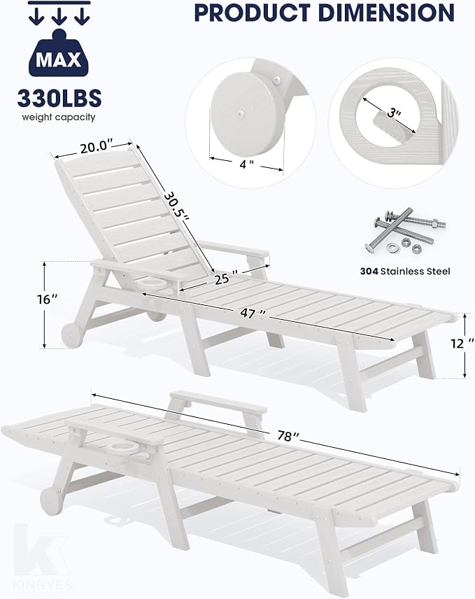 KINGYES HDPE Lounge Chair Outdoor Set of 2, Patio Chaise Lounge Recliner - Image 2