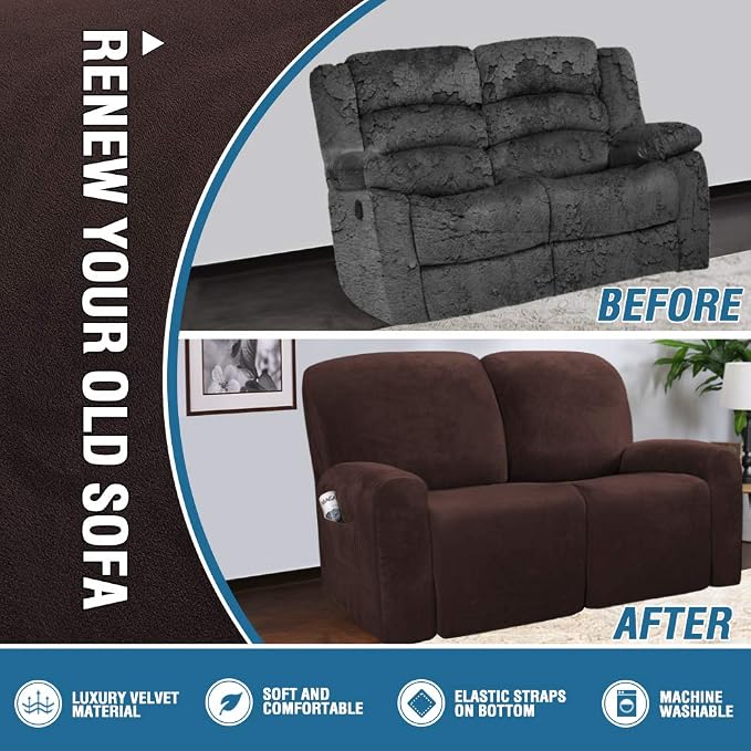 H.VERSAILTEX Velvet Stretch Recliner Couch Covers 6-Pieces Recliner Loveseat - Image 5
