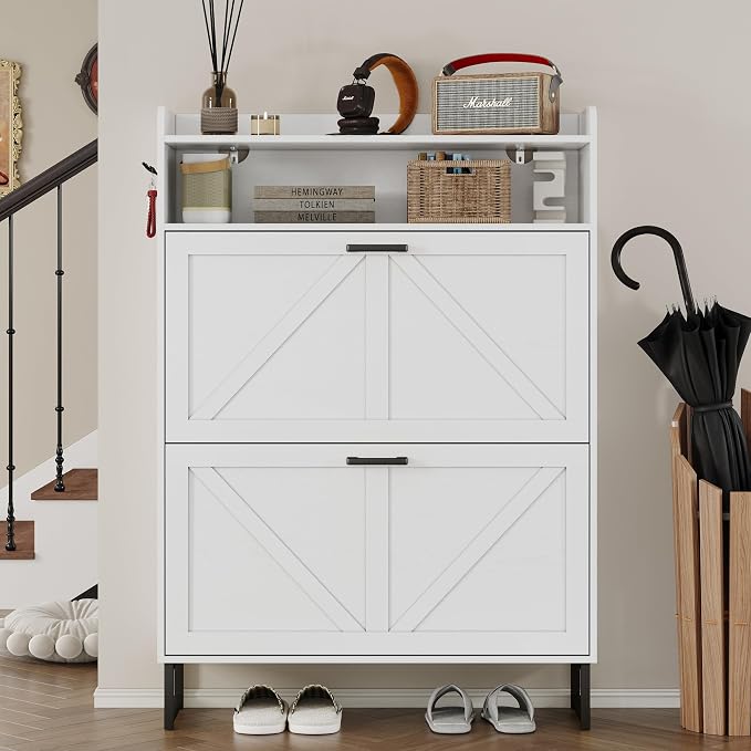 BORNOON Shoe Cabinet with 2 Flip Drawers Narrow Shoe Storage Cabinet Organizer - Image 4