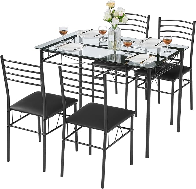 VECELO Dining Table Set for 4, 5-Piece Glass Kitchen Table by VECELO