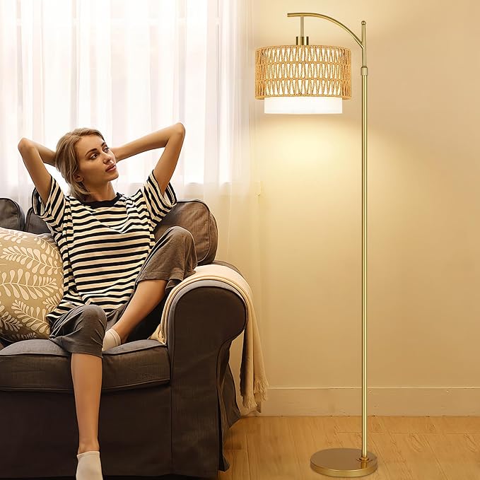 Gold Floor Lamps for Living Room Rattan Boho Floor Lamp - Image 8