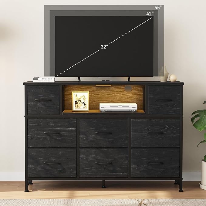DUMOS TV Stand Dresser with 8 Fabric Drawers and Open Shelves, LED - Image 8