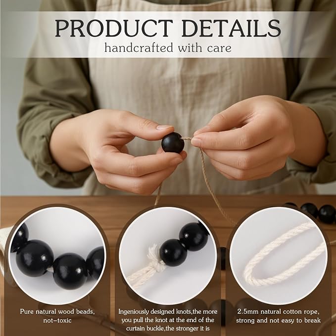 Hion 6 Pcs Boho Curtain Tiebacks, Wood Beads Curtain Holdbacks, Outdoor - Image 3