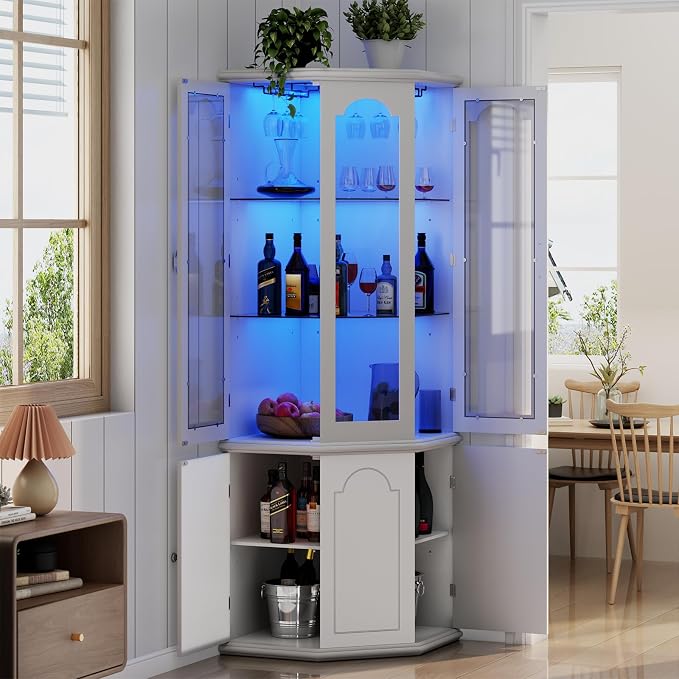 Gyfimoie Corner Bar Cabinet w/LED Lights, Tall Modern Wine Cabinet by Gyfimoie