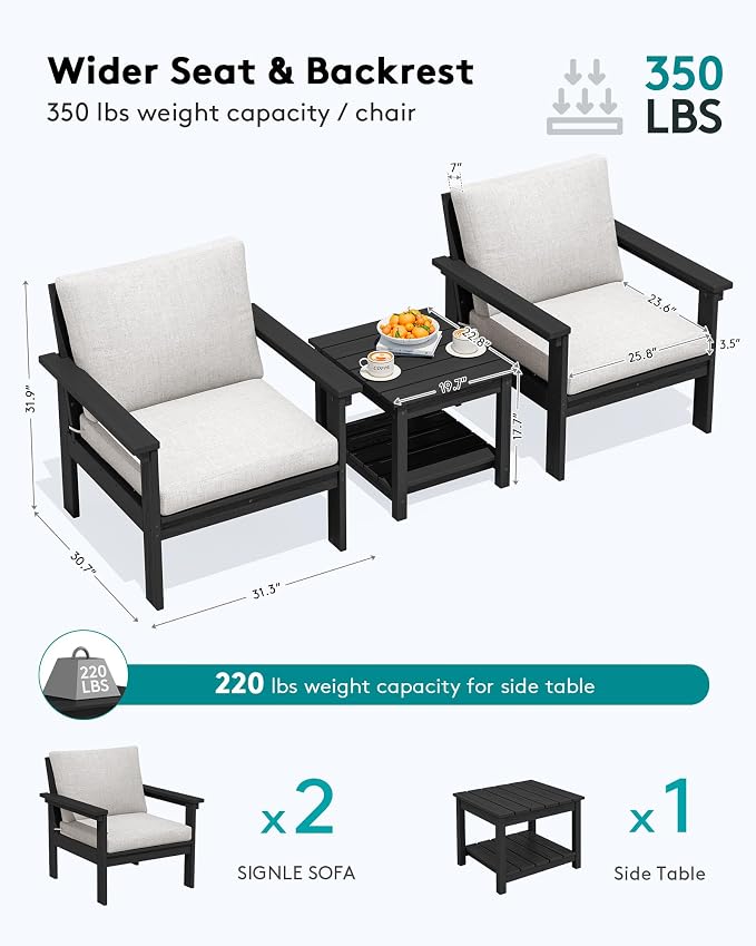 SERWALL HDPE Patio Sofa Set, 3-piece Sectional Outdoor Furniture Set, All - Image 2
