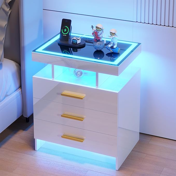 HNEBC Night Stand Set 2 with LED Lights, High Gloss Nightstand with 3 Drawers - Image 9