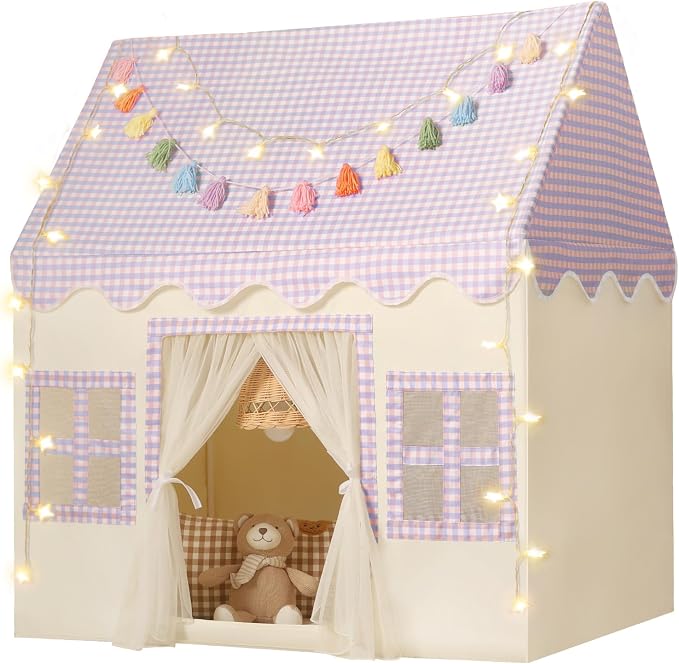 Kids Play Tent Indoor: Mat, Tassel Garland, Star Lights by Senodeer