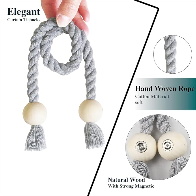 4 Pack Magnetic Curtain Tiebacks Cotton Hand Woven Tie Back Decorative Rope - Image 2