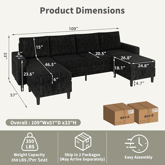 Sectional Couches for Living Room, 6-Seats Soft Linen Fabric Sectional Sofa - Image 2