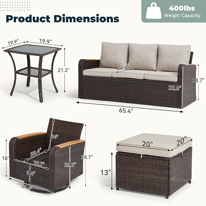 6 Pieces Wicker Patio Furniture Sets, Patio Conversation Set PE Rattan - Image 2