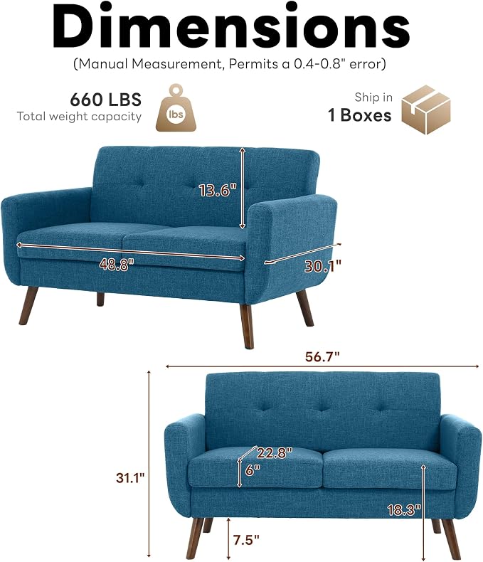 Tbfit 56" W Loveseat Sofa, Mid Century Modern Decor Love Seat Couches - Image 2