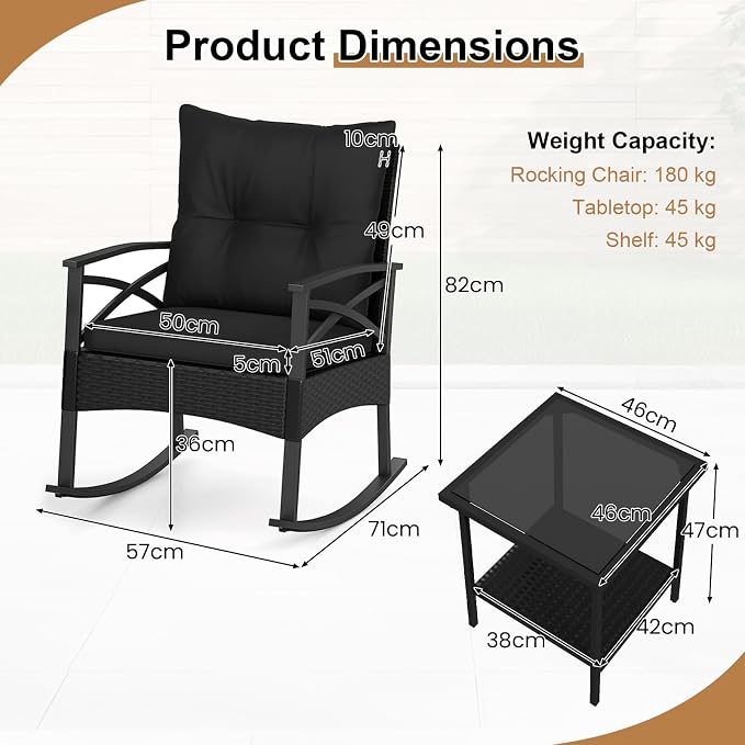 Tangkula 3 Pieces Outdoor Rocking Chairs Set, Rattan Heavy Duty Cushioned - Image 6