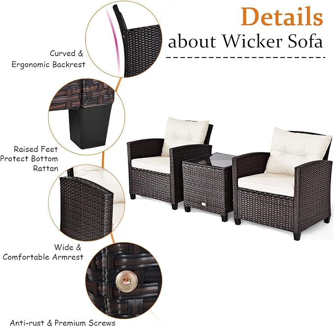 HAPPYGRILL 3 Pieces Patio Conversation Set, Outdoor Furniture Set PE Rattan - Image 7