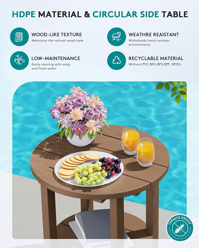 SERWALL Round Outdoor Side Table Set of 2, HDPE Small Adirondack Double End - Image 4