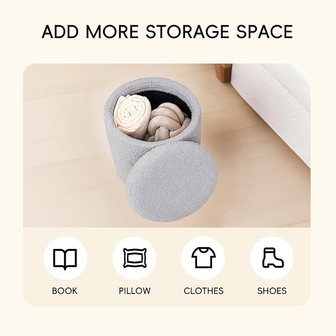 PINPLUS Ottoman with Stroage Round Boucle Ottoman and Tray Sherpa Removable - Image 4