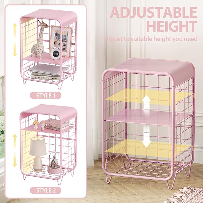 APEXCHASER Cute Kids Pink Nightstand, Metal Side Table, 3 Tier End Table - Image 6