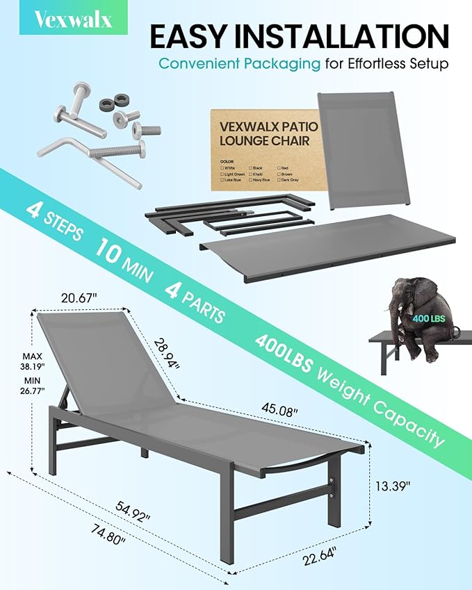 Vexwalx Outdoor Lounge Chairs Set of 3, Aluminum Chaise Lounge Chairs - Image 3