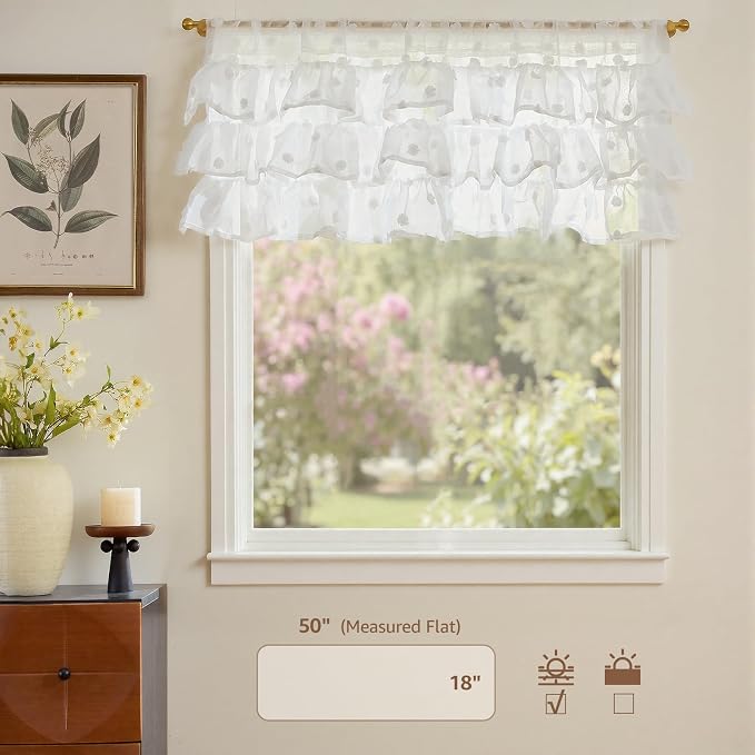 jinchan Ruffled Kitchen Valance Pom-Pom Voile Valance Curtains Sheer Shabby - Image 5