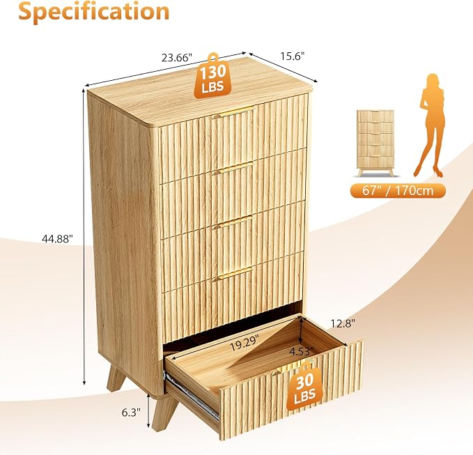 VINGLI Fluted Tall Dresser 5 Drawer, 23.66" W Chest of Drawers, Oak Wood Dresser - Image 2