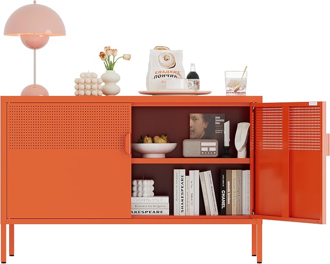 Orange Metal Storage Cabinet, 2 Door TV Stand, Metal Mesh Accent Cabinet by XIUSVON
