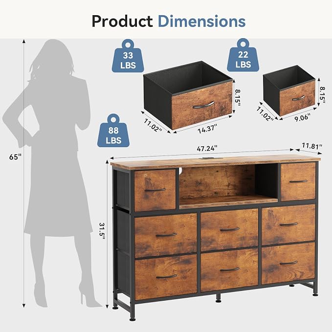 DUMOS TV Stand Dresser with 8 Fabric Drawers and Open Shelves, LED - Image 3