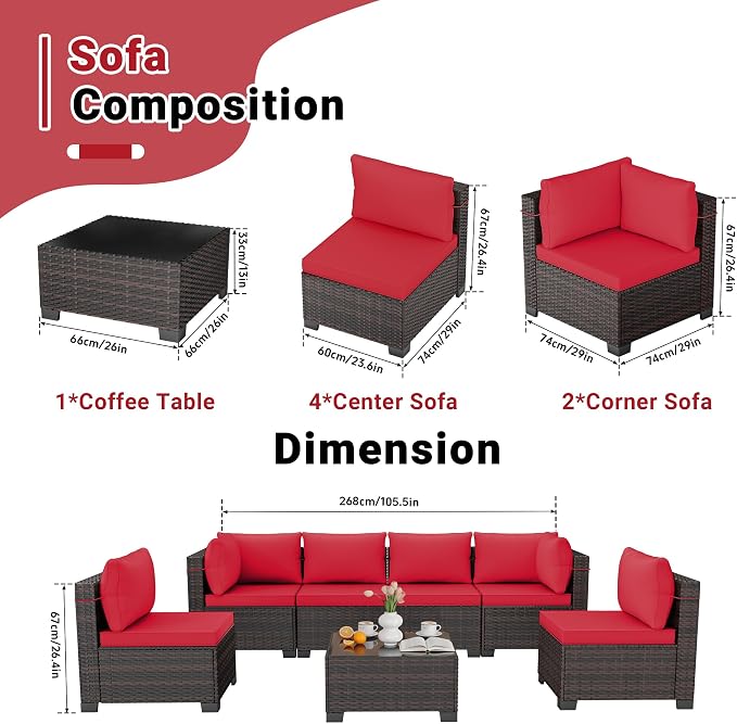 CHABATREE 7pcs Outdoor Patio Furniture Sets, Rattan Conversation Sectional Set - Image 2