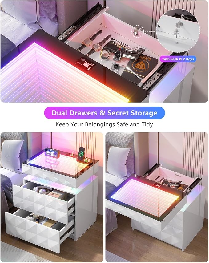 HWB Nightstand with RGB Lights, 3 Drawers Night Stand with Hidden Storage - Image 7