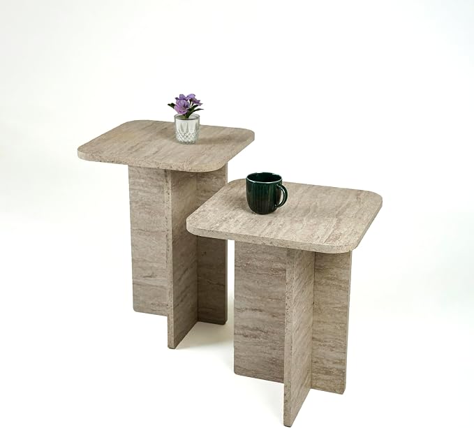 Travertine Efect Square Nesting Table Set of 2 Modern Coffee Table Small Side - Image 10