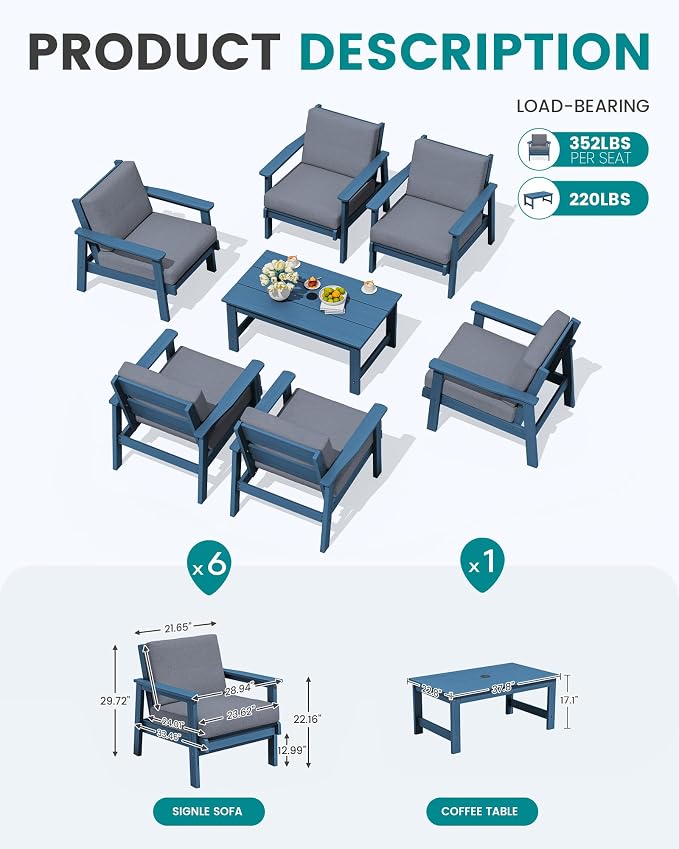 SERWALL HDPE Outdoor Furniture Set, 7 Piece All Weather Wood-Like Outdoor Sofa - Image 2