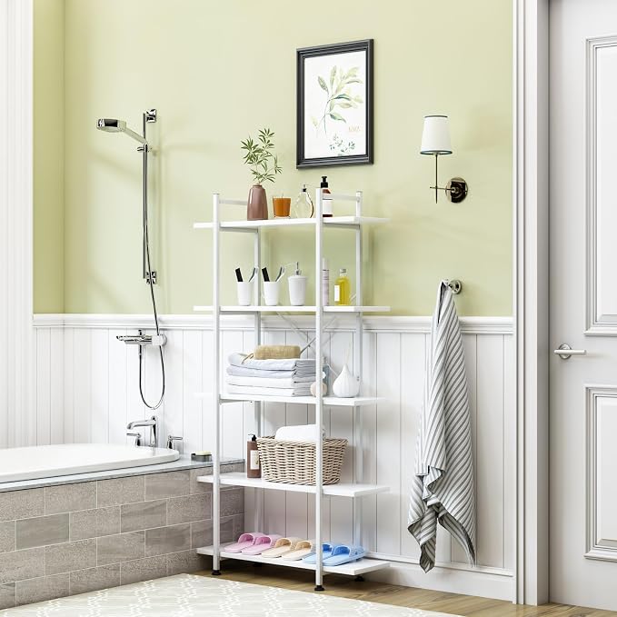 Bookshelf 5 Tiers White Wooden Storage Shelf, Modern Open Display Storage - Image 9