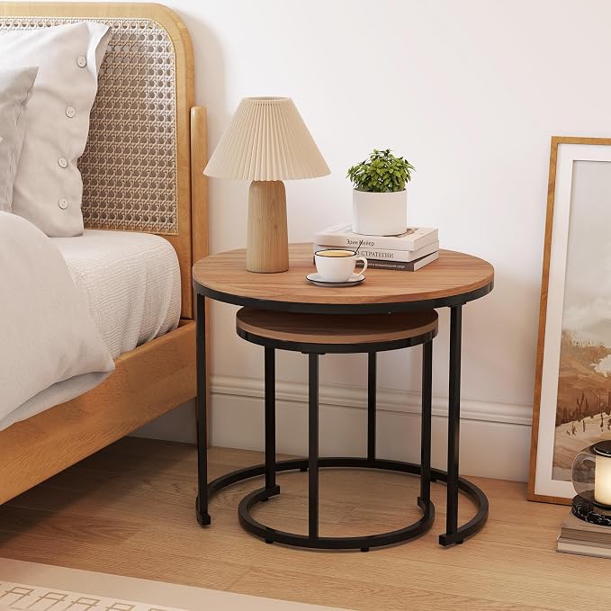 Giantex Nesting Coffee Table Set of 2, Round Stacking Side Tables w/Wooden - Image 3