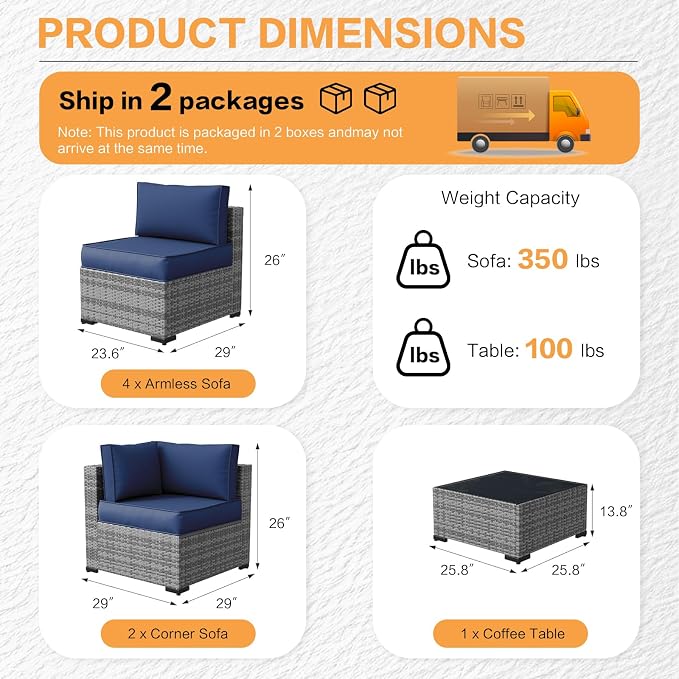 MOCHITO 7 Pieces Outdoor Patio Furniture Sets, All-Weather Sectional Sofa Grey - Image 5