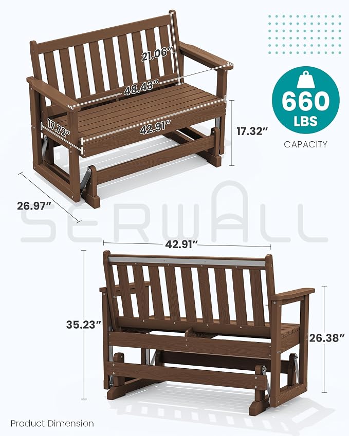 SERWALL 2 Person Patio Glider Rocking Chair, HDPE Material Weather-Resistant - Image 2