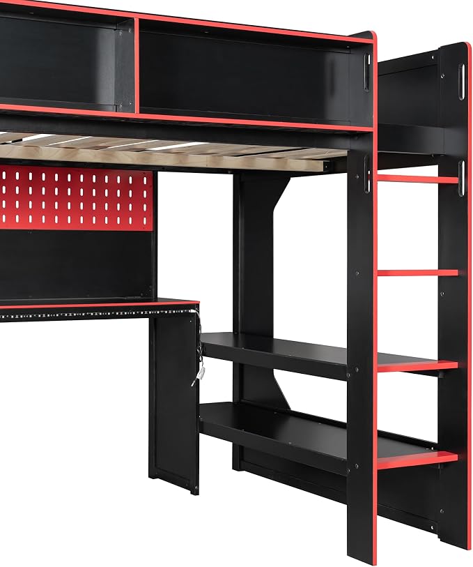 Modern Gaming Loft Bed with Built-in Desk, LED Lighting & Charging Hub – Full - Image 9