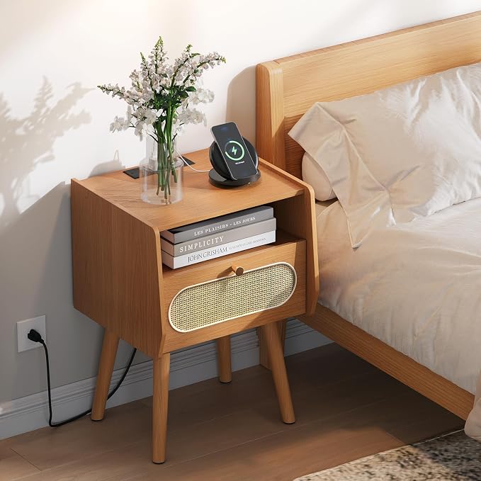 JOINICE Night Stand Set 2, Mid Century Modern Nightstands Drawer, Rattan - Image 3