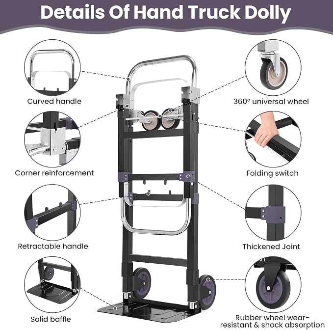 3-in-1 Folding Hand Trucks, 600Lbs Convertible Hand Truck Dolly, Heavy Duty - Image 2