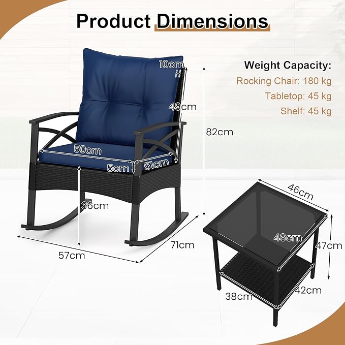 Tangkula 3 Pieces Outdoor Rocking Chairs Set, Rattan Heavy Duty Cushioned - Image 6