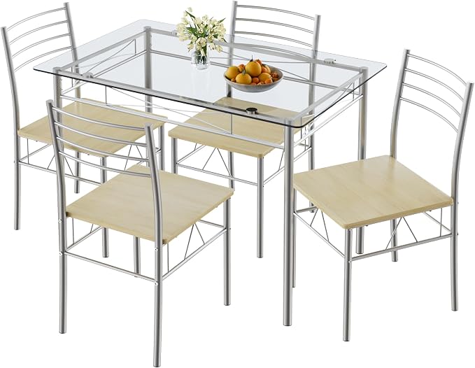 VECELO Dining Table Set for 4, 5-Piece Glass Kitchen Table by VECELO