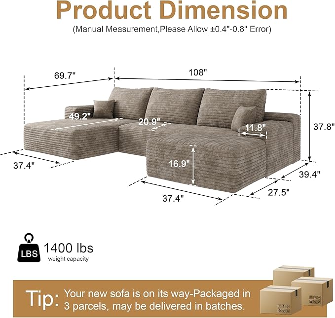 108" Sectional Couches for Living Room Cloud Couch Sofa - Image 2