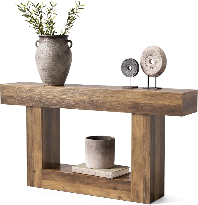 LITTLE TREE 63 Inches Long Console Table, 2-Tier Farmhouse Sofa Table Behind - Image 8